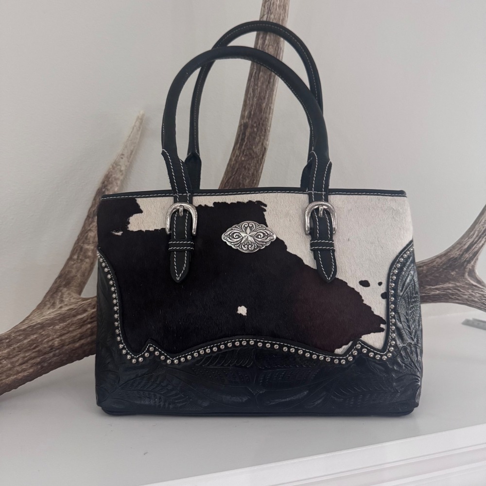American West Cowhide Tooled Leather Tote Bag Black White Western Star Concho